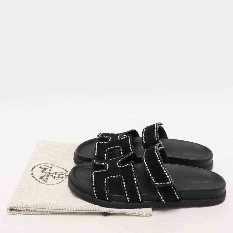 Pre Owned Hermes Black Shearling Chypre Sandals Size 39