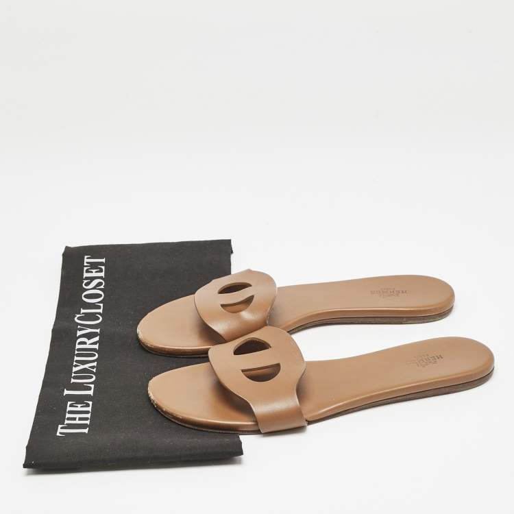 Pre Owned Hermes Brown Leather Lisboa Flat Slides Size 39