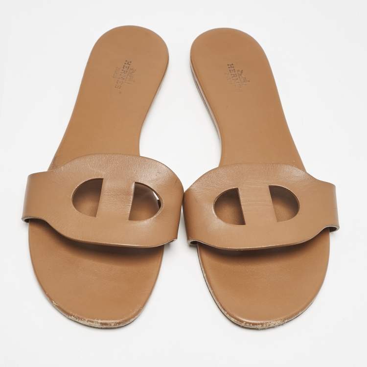 Pre Owned Hermes Brown Leather Lisboa Flat Slides Size 39