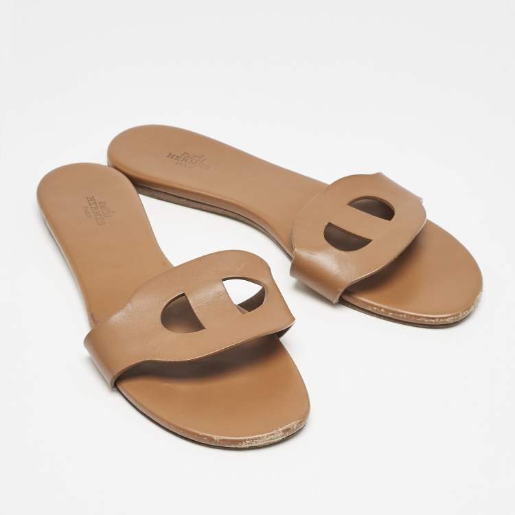 Pre Owned Hermes Brown Leather Lisboa Flat Slides Size 39