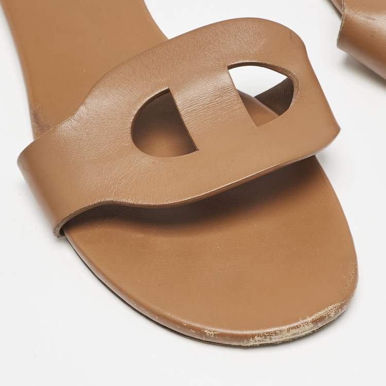 Pre Owned Hermes Brown Leather Lisboa Flat Slides Size 39