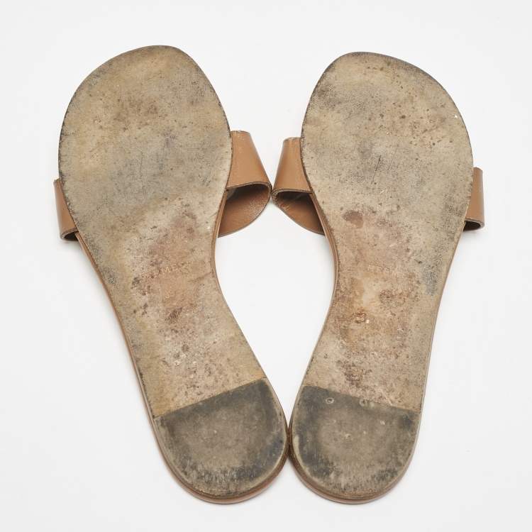 Pre Owned Hermes Brown Leather Lisboa Flat Slides Size 39