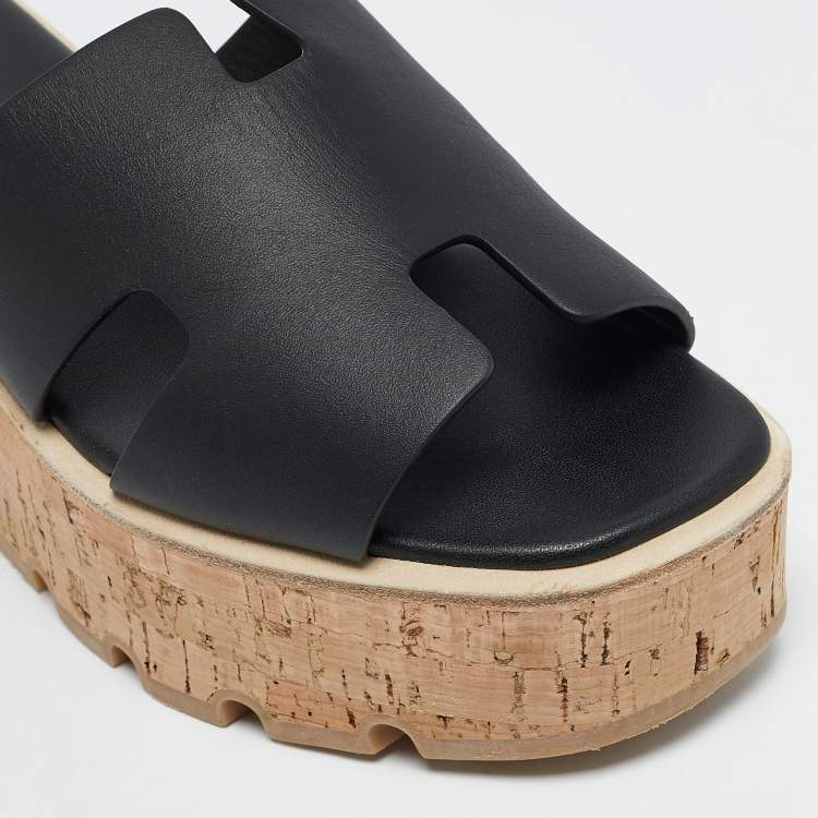 Pre Owned Hermes Black Leather Eze Platform Sandals Size 39