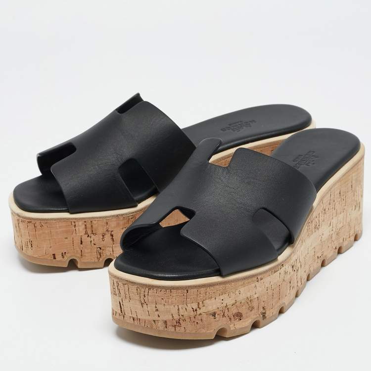 Pre Owned Hermes Black Leather Eze Platform Sandals Size 39