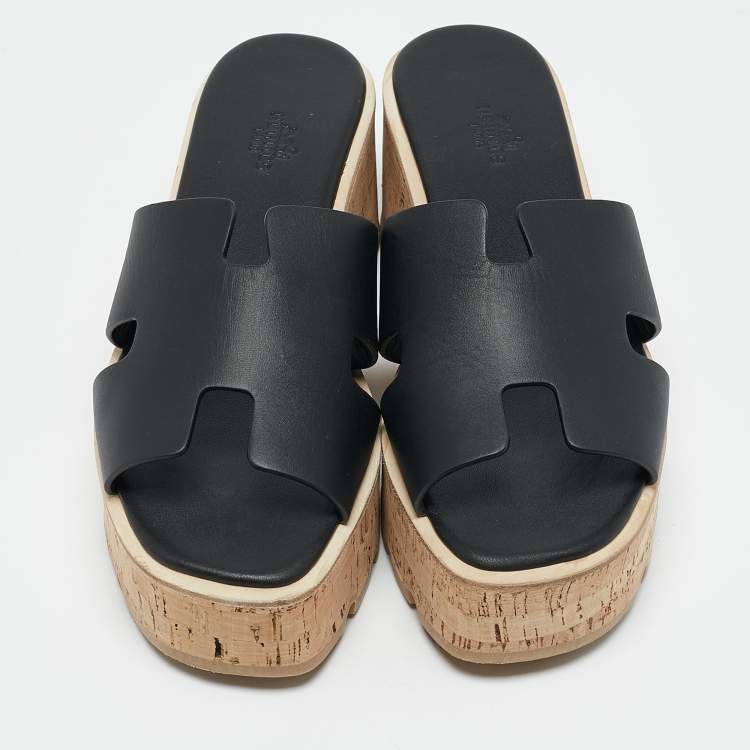 Pre Owned Hermes Black Leather Eze Platform Sandals Size 39