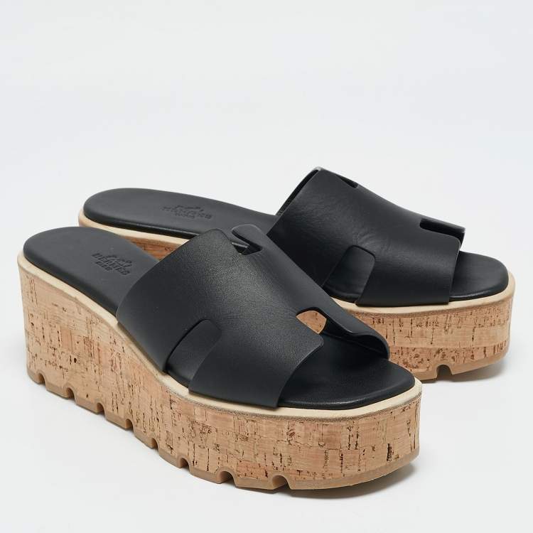 Pre Owned Hermes Black Leather Eze Platform Sandals Size 39