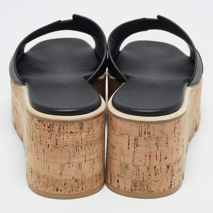Pre Owned Hermes Black Leather Eze Platform Sandals Size 39