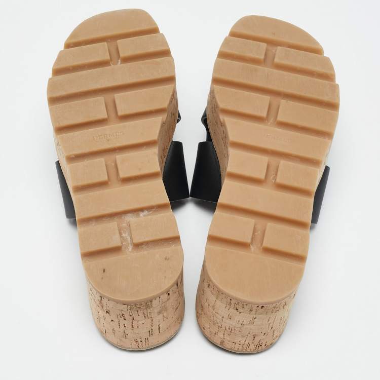 Pre Owned Hermes Black Leather Eze Platform Sandals Size 39
