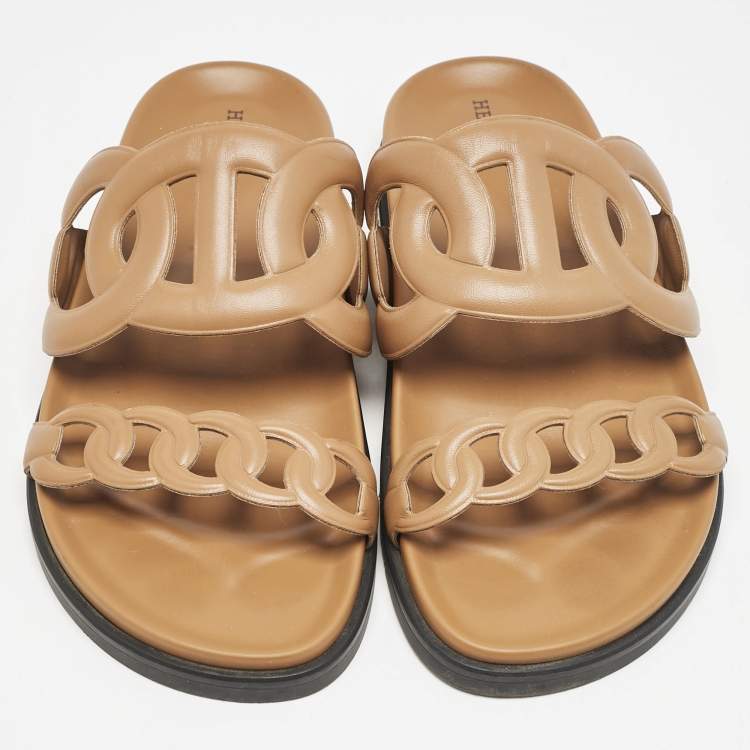 Pre Owned Hermes Brown Leather Extra Sandals Size 38.5