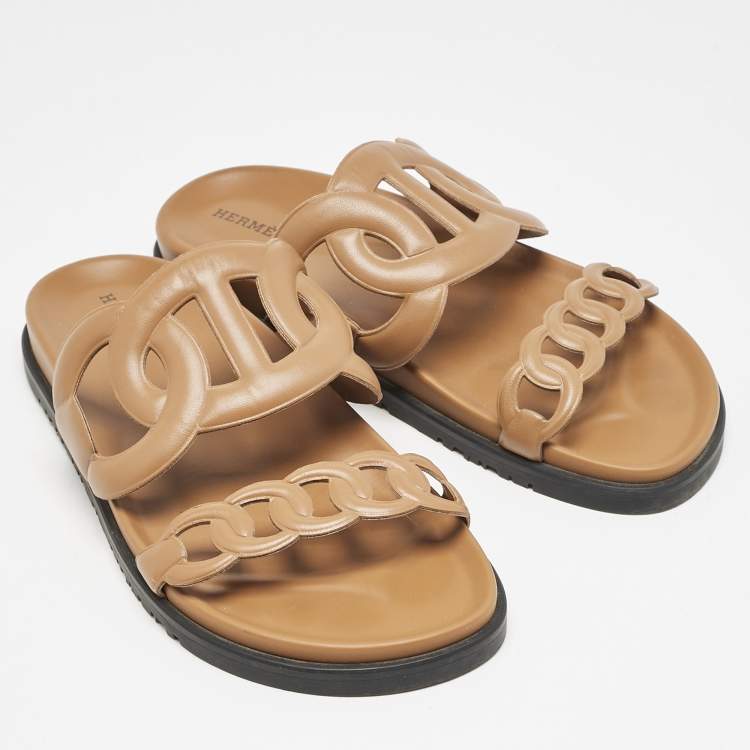 Pre Owned Hermes Brown Leather Extra Sandals Size 38.5