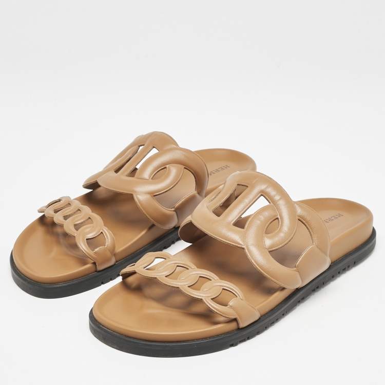 Pre Owned Hermes Brown Leather Extra Sandals Size 38.5