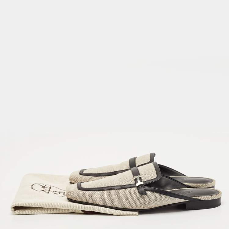 Pre Owned Hermes White/Black Canvas and Leather Groupie Mules Size 39