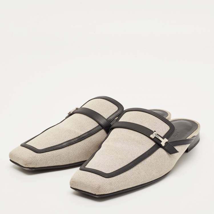 Pre Owned Hermes White/Black Canvas and Leather Groupie Mules Size 39