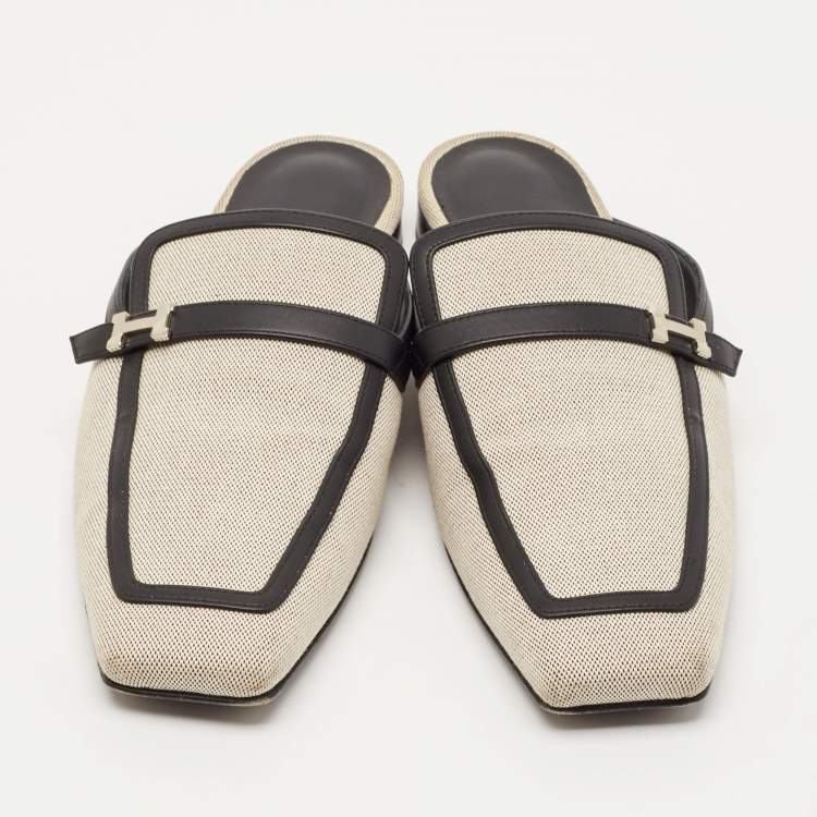 Pre Owned Hermes White/Black Canvas and Leather Groupie Mules Size 39