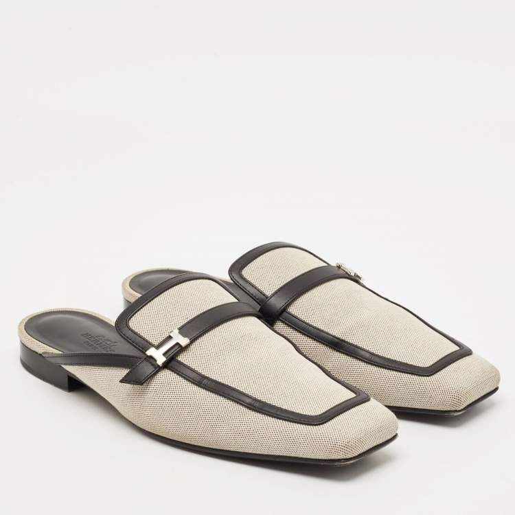 Pre Owned Hermes White/Black Canvas and Leather Groupie Mules Size 39