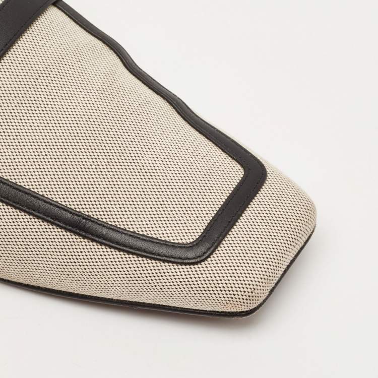 Pre Owned Hermes White/Black Canvas and Leather Groupie Mules Size 39