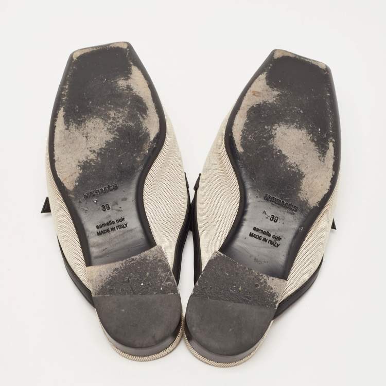Pre Owned Hermes White/Black Canvas and Leather Groupie Mules Size 39