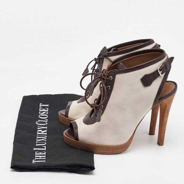 Pre Owned Hermes Off White/Brown Canvas and Leather Platform Booties Size 37