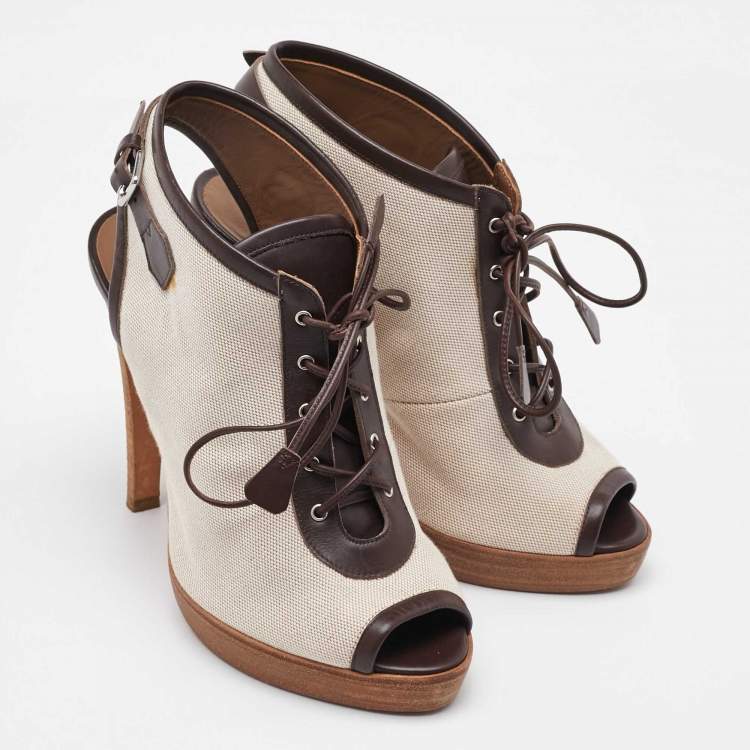 Pre Owned Hermes Off White/Brown Canvas and Leather Platform Booties Size 37