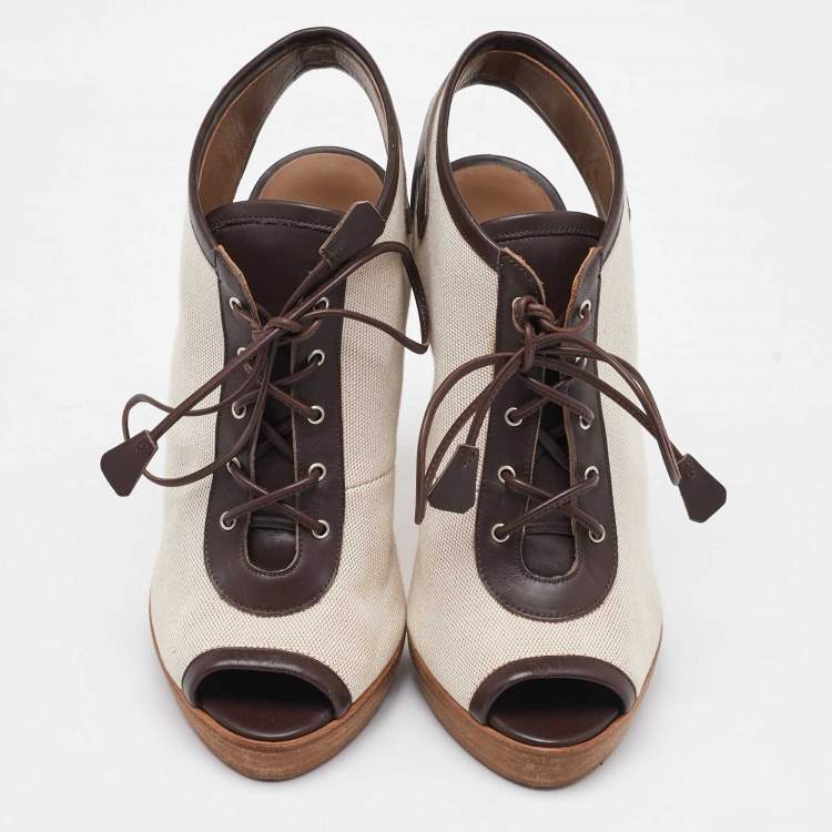 Pre Owned Hermes Off White/Brown Canvas and Leather Platform Booties Size 37