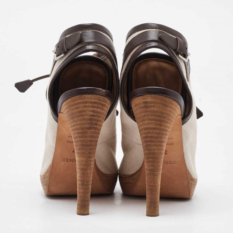 Pre Owned Hermes Off White/Brown Canvas and Leather Platform Booties Size 37