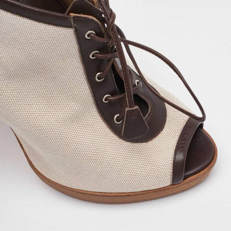 Pre Owned Hermes Off White/Brown Canvas and Leather Platform Booties Size 37