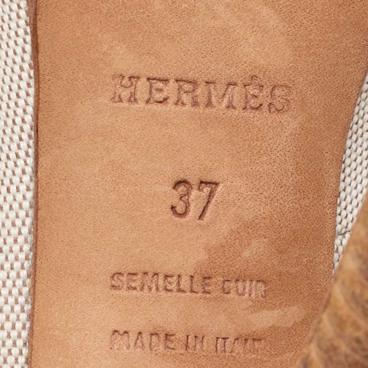 Pre Owned Hermes Off White/Brown Canvas and Leather Platform Booties Size 37