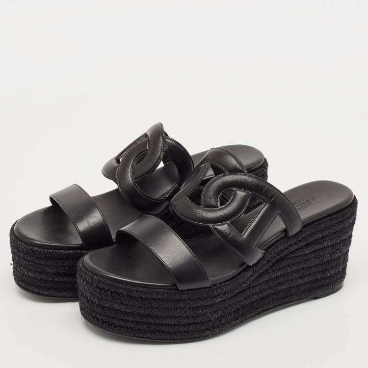 Pre Owned Hermès Black Leather Ithea 30 Espadrille Platform Sandals Size 37