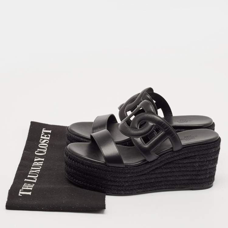 Pre Owned Hermès Black Leather Ithea 30 Espadrille Platform Sandals Size 37