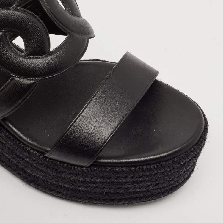Pre Owned Hermès Black Leather Ithea 30 Espadrille Platform Sandals Size 37