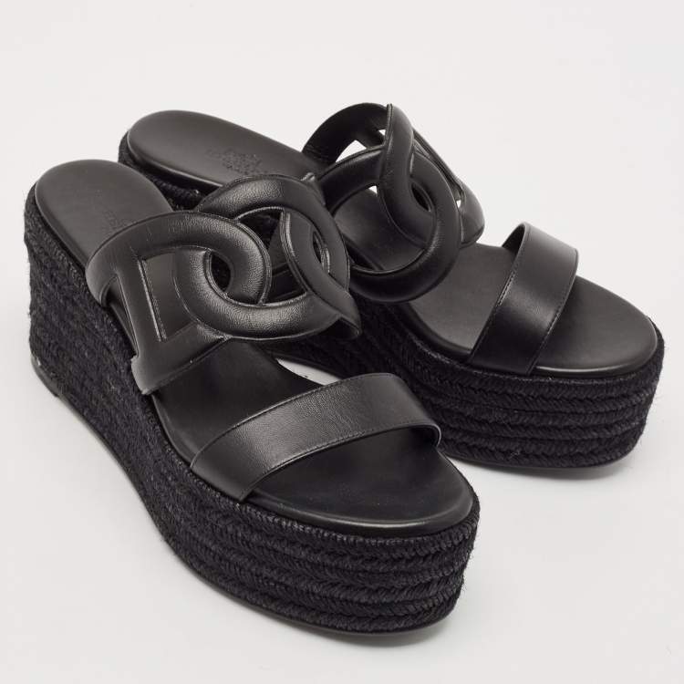 Pre Owned Hermès Black Leather Ithea 30 Espadrille Platform Sandals Size 37