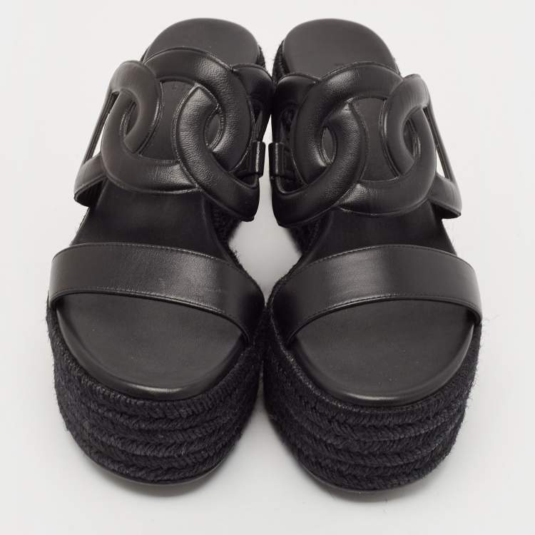 Pre Owned Hermès Black Leather Ithea 30 Espadrille Platform Sandals Size 37