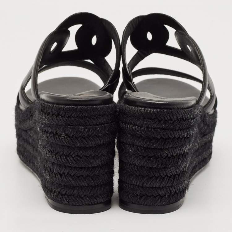 Pre Owned Hermès Black Leather Ithea 30 Espadrille Platform Sandals Size 37