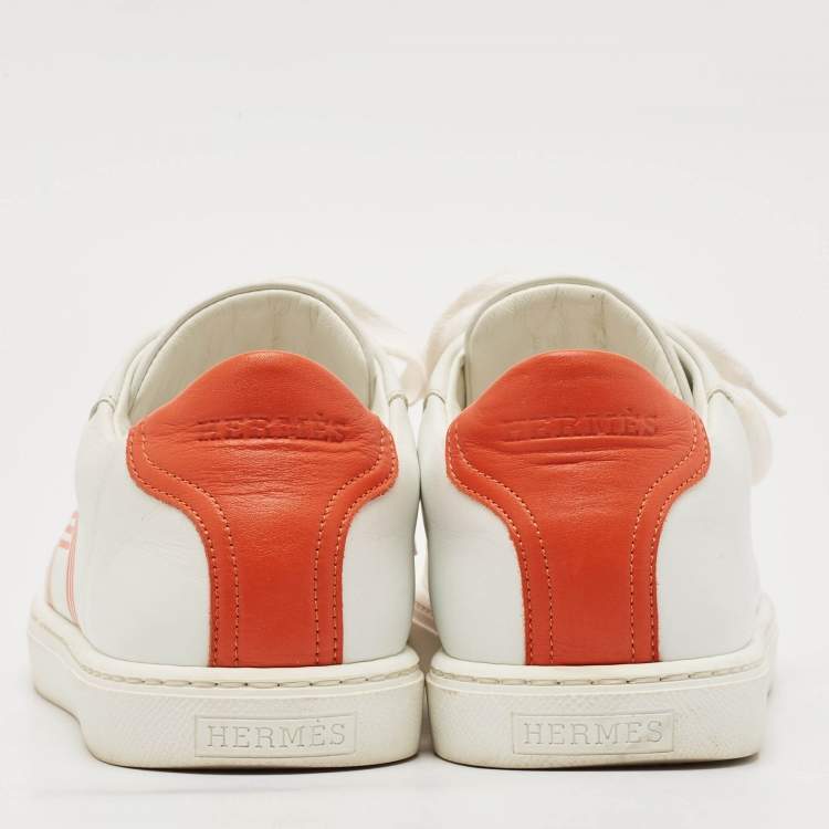 Pre Owned Hermes White/Orange Leather Avantage Sneakers Size 38