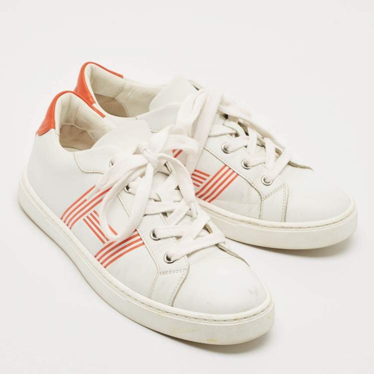 Pre Owned Hermes White/Orange Leather Avantage Sneakers Size 38