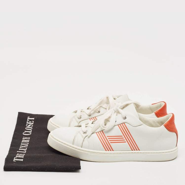 Pre Owned Hermes White/Orange Leather Avantage Sneakers Size 38