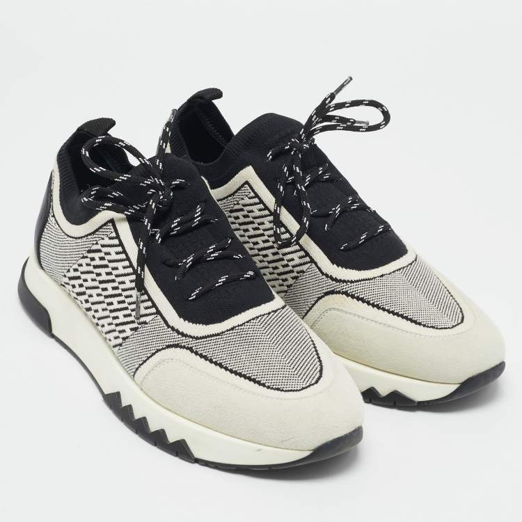 Pre Owned Hermes Grey/Black Knit Fabric and Suede C-addict Lace Up Sneakers Size 39