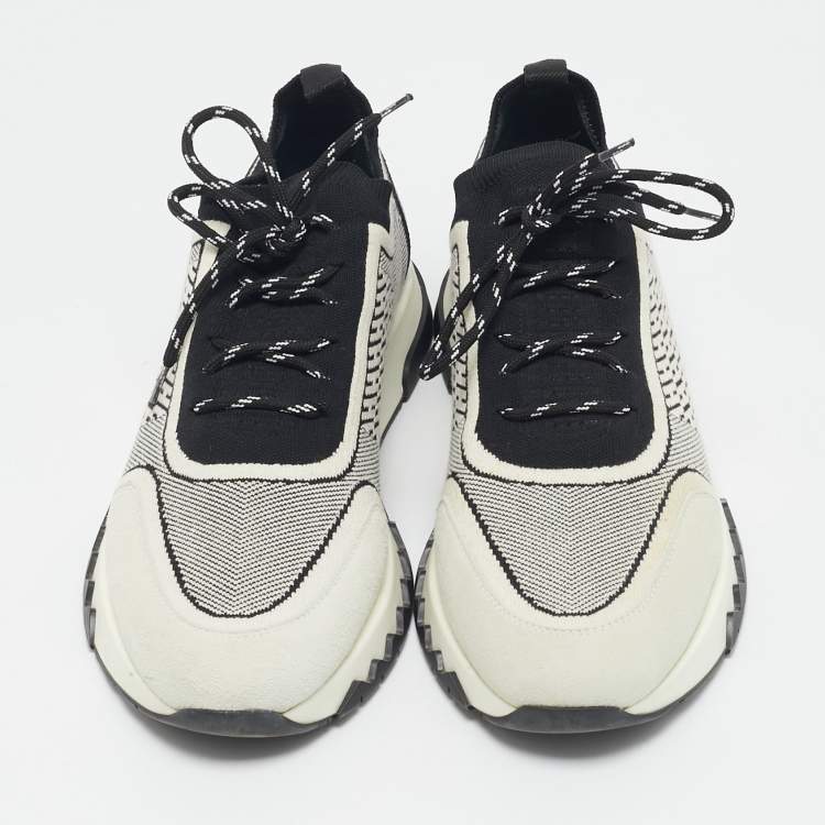Pre Owned Hermes Grey/Black Knit Fabric and Suede C-addict Lace Up Sneakers Size 39