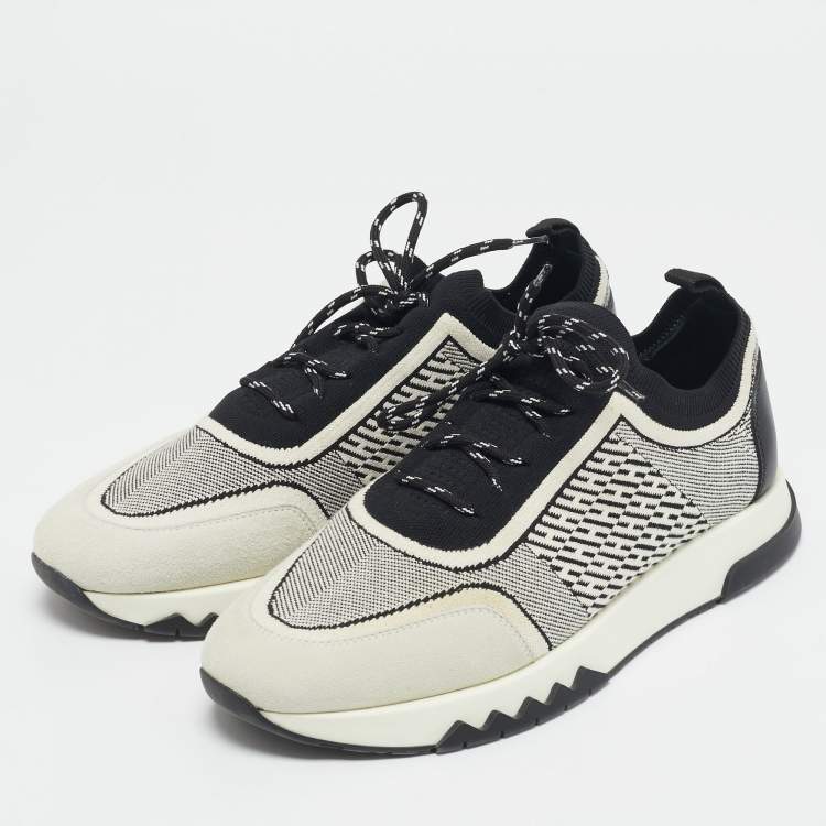 Pre Owned Hermes Grey/Black Knit Fabric and Suede C-addict Lace Up Sneakers Size 39