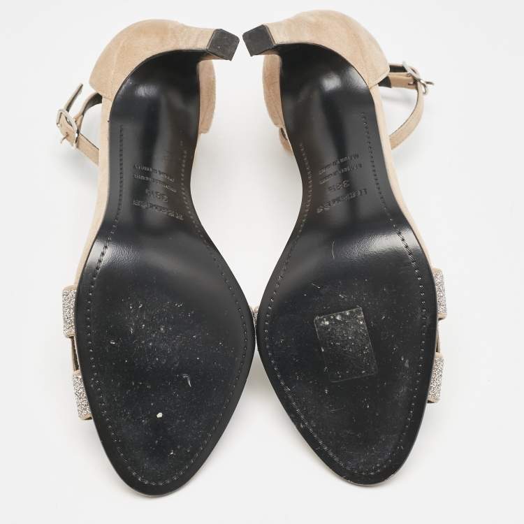 Pre Owned Hermes Beige/Silver Suede and Glitter Premiere Ankle Strap Sandals Size 38.5