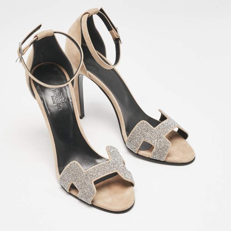 Pre Owned Hermes Beige/Silver Suede and Glitter Premiere Ankle Strap Sandals Size 38.5