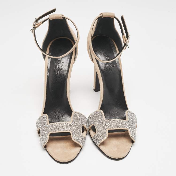 Pre Owned Hermes Beige/Silver Suede and Glitter Premiere Ankle Strap Sandals Size 38.5