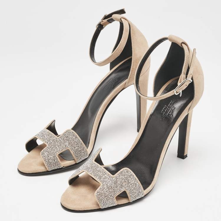 Pre Owned Hermes Beige/Silver Suede and Glitter Premiere Ankle Strap Sandals Size 38.5