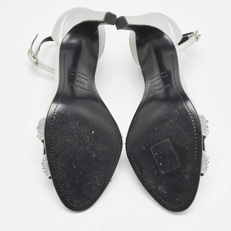 Pre Owned Hermes Silver Leather and Glitter Premiere Ankle Strap Sandals Size 38.5