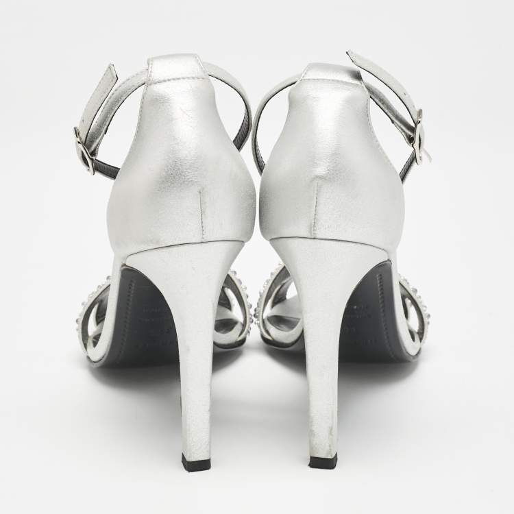 Pre Owned Hermes Silver Leather and Glitter Premiere Ankle Strap Sandals Size 38.5