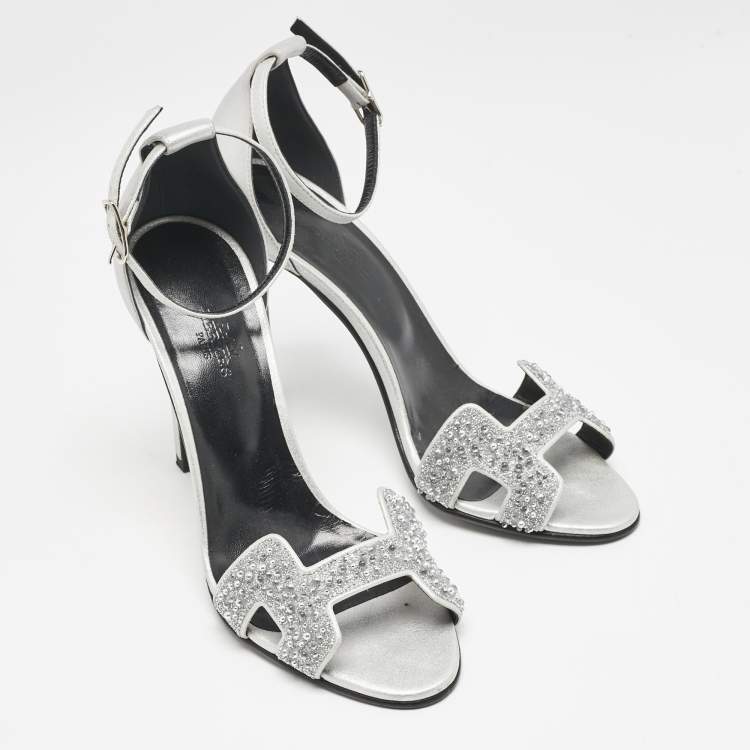 Pre Owned Hermes Silver Leather and Glitter Premiere Ankle Strap Sandals Size 38.5
