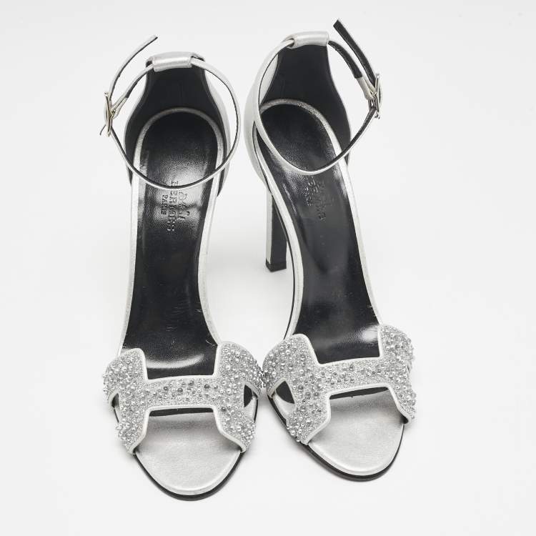 Pre Owned Hermes Silver Leather and Glitter Premiere Ankle Strap Sandals Size 38.5