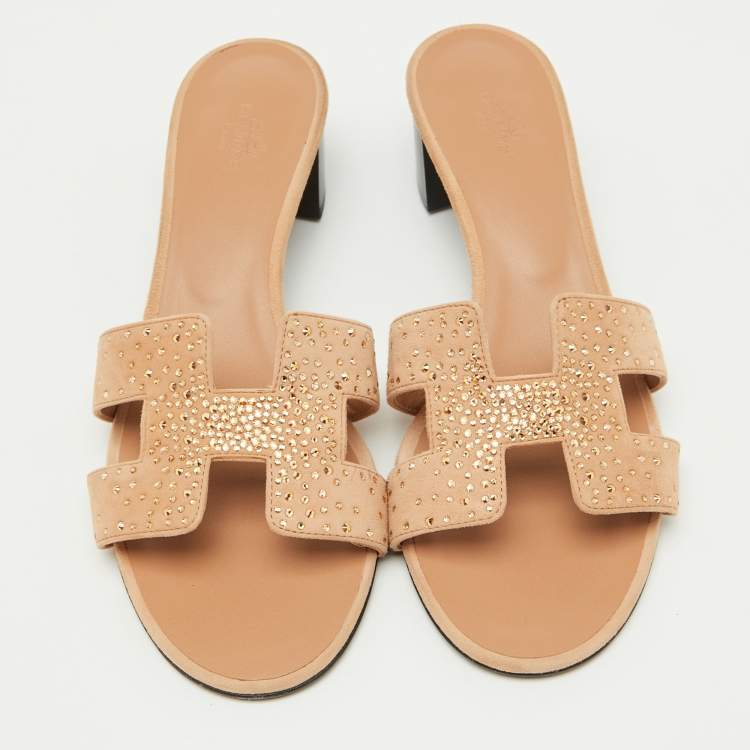 Pre Owned Hermes Beige Suede Crystal Embellished Oasis Slide Sandals Size 39.5
