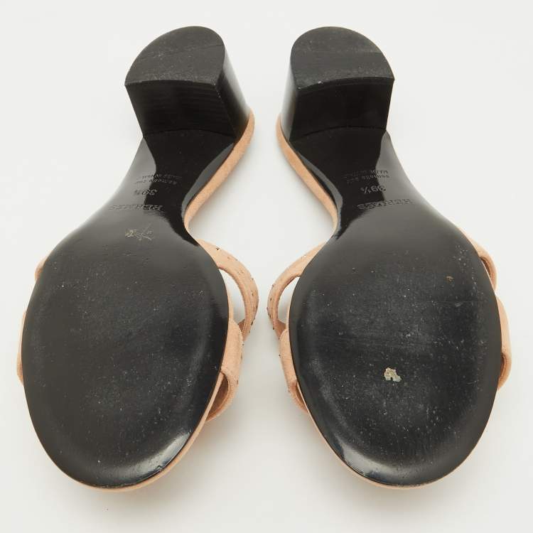 Pre Owned Hermes Beige Suede Crystal Embellished Oasis Slide Sandals Size 39.5