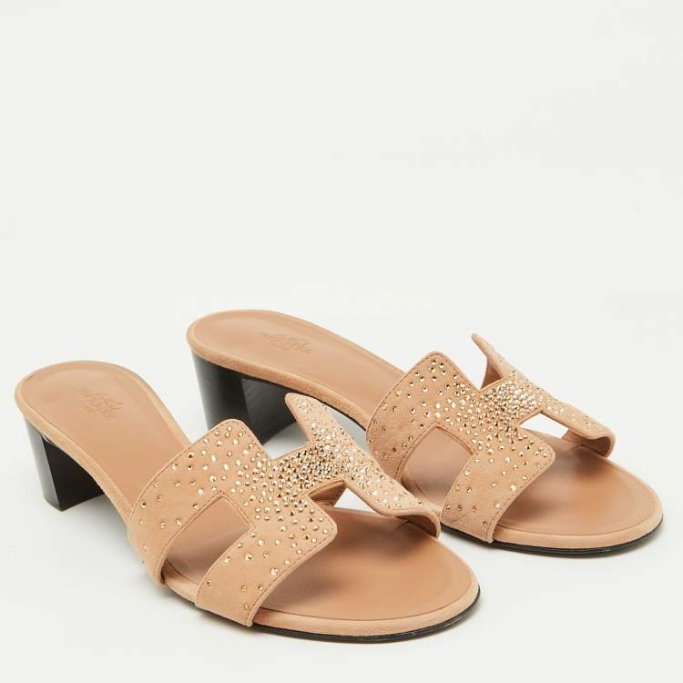 Pre Owned Hermes Beige Suede Crystal Embellished Oasis Slide Sandals Size 39.5
